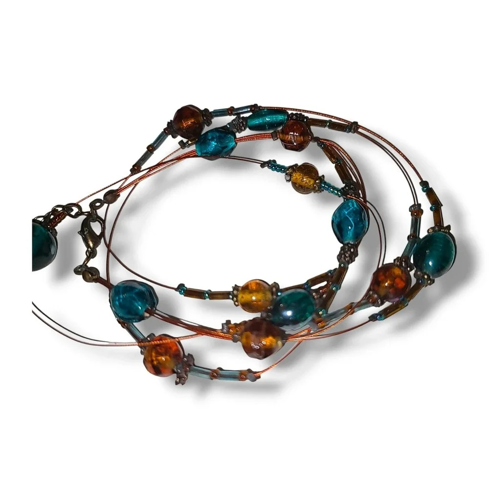 Vintage‎ Blue & Copper Layered Art Glass Beaded Necklace